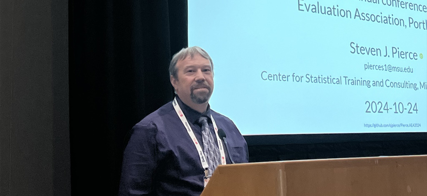 Steven Pierce Presenting on the topic of Reproducible Statistical Analyses and evaluation reports