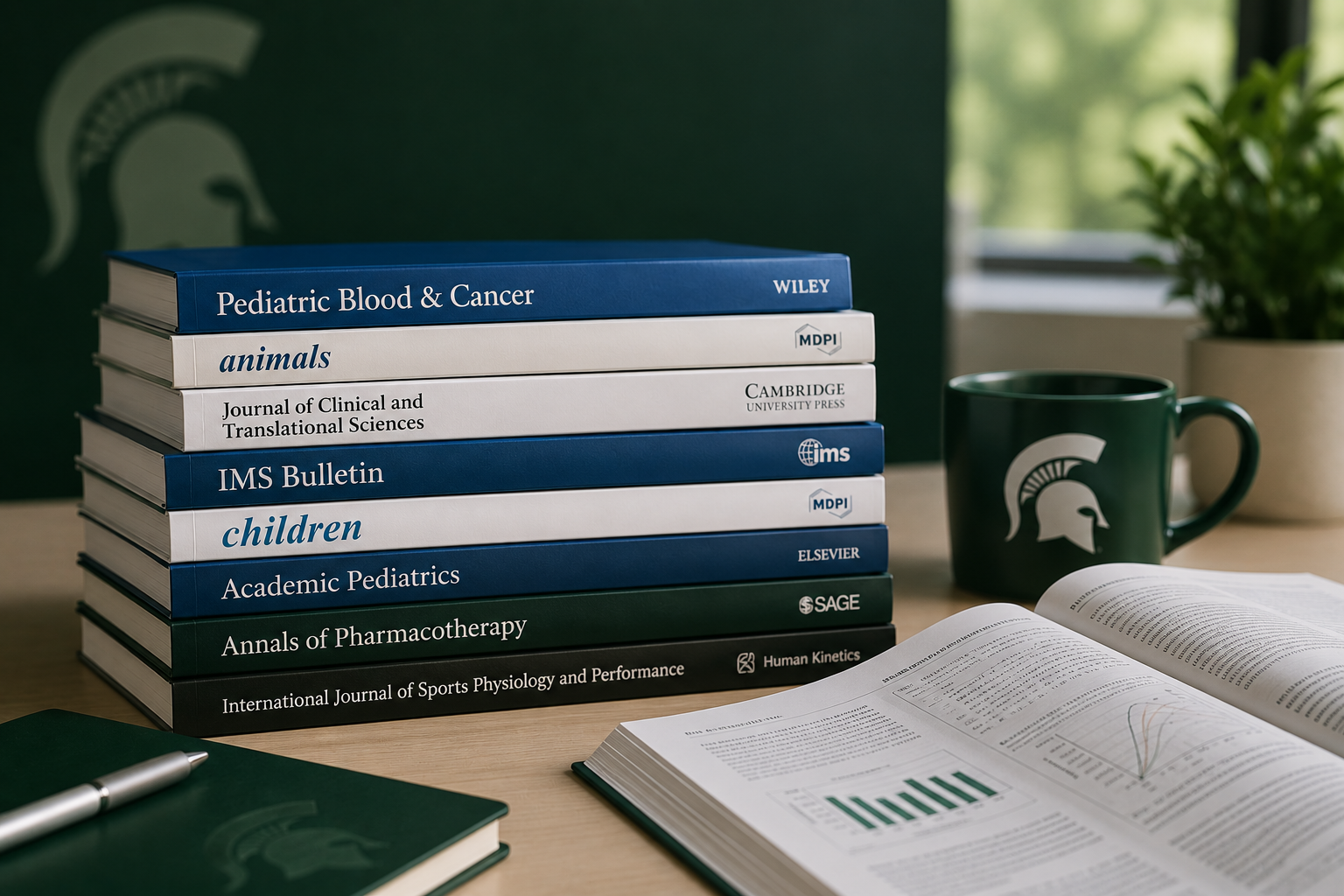 A professional desktop scene with a stack of academic journals related to CSTAT-supported publications, an open research book showing charts, and Michigan State University–branded green accents including a Spartan mug and notebook.