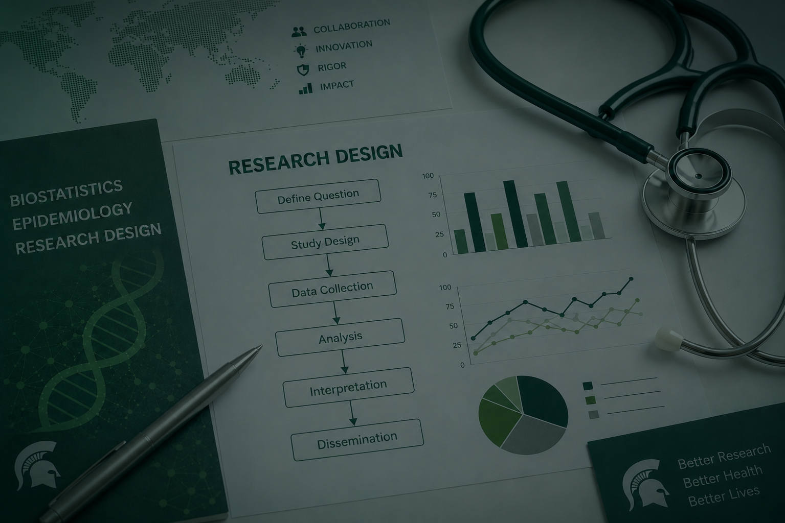 A flat-lay image of biostatistics, epidemiology, and research design materials with MSU green accents, including research design flowcharts, statistical graphs, a stethoscope, a pen, and printed documents on a clean white surface.