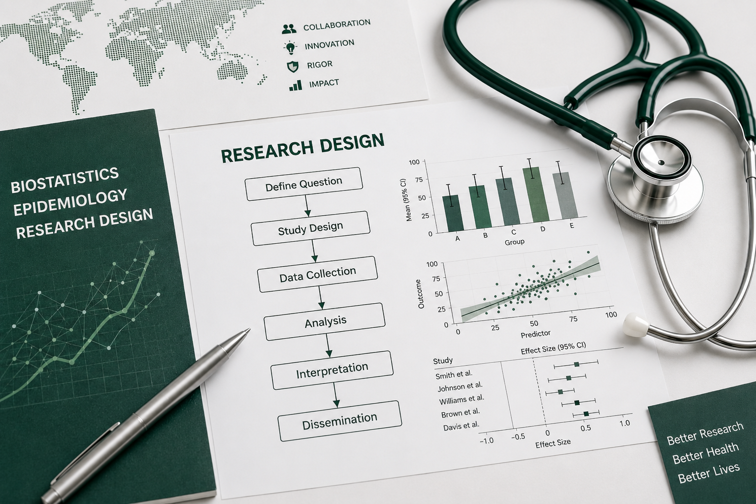 idemiology, and research design materials with MSU green accents, including research design flowcharts, statistical graphs, a stethoscope, a pen, and printed documents on a clean white surface.