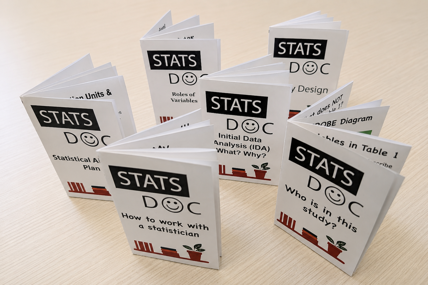 Photo of several small folded “STATS DOC” zines arranged upright on a light wood tabletop. The zines cover statistics guidance topics such as initial data analysis, study design, roles of variables, and working with a statistician.