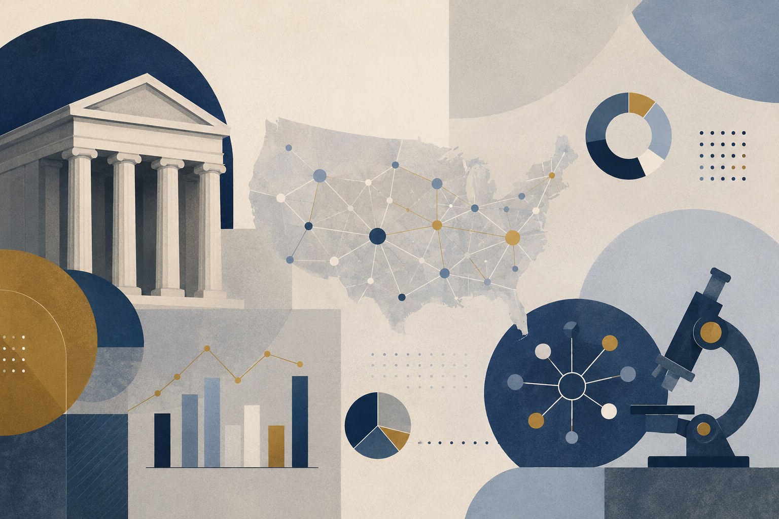 Abstract editorial illustration of federally sponsored research, showing institutional columns, a U.S. research network map, statistical charts, connected data nodes, and a microscope.