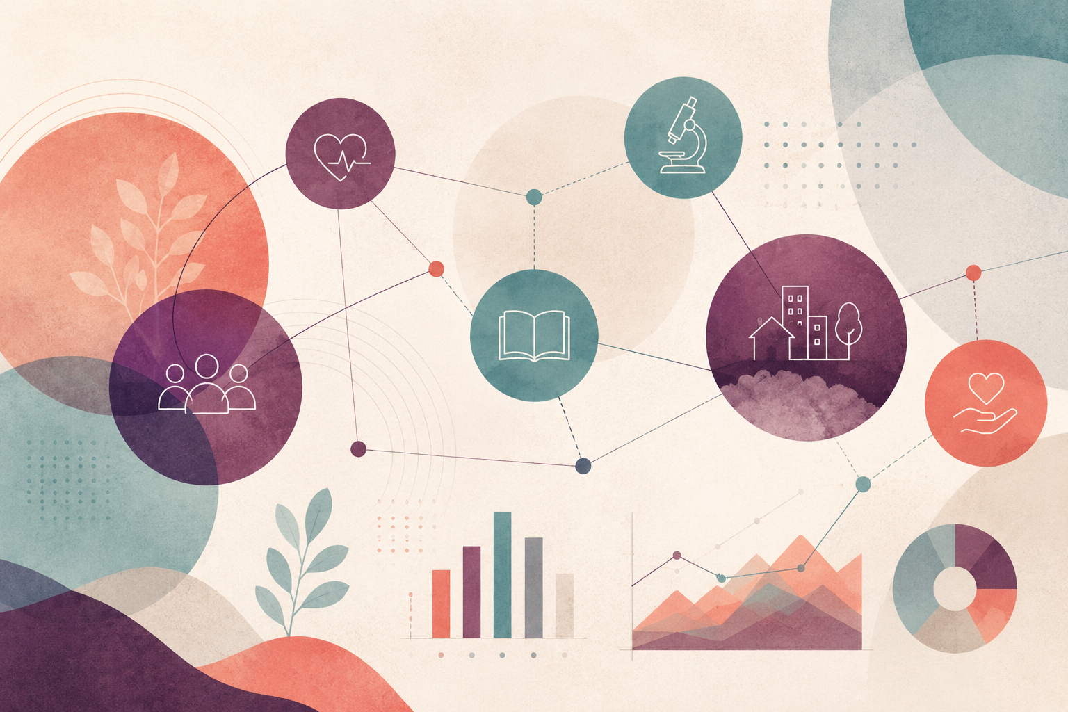 Abstract editorial illustration representing non-profit and foundation research partnerships, with connected icons for community, health, education, research, and impact alongside statistical charts in soft coral, plum, teal, and gray tones.