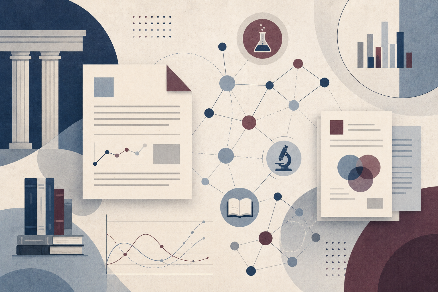 Abstract illustration of university research collaboration with academic documents, books, lab symbols, statistical charts, and connected research network nodes.