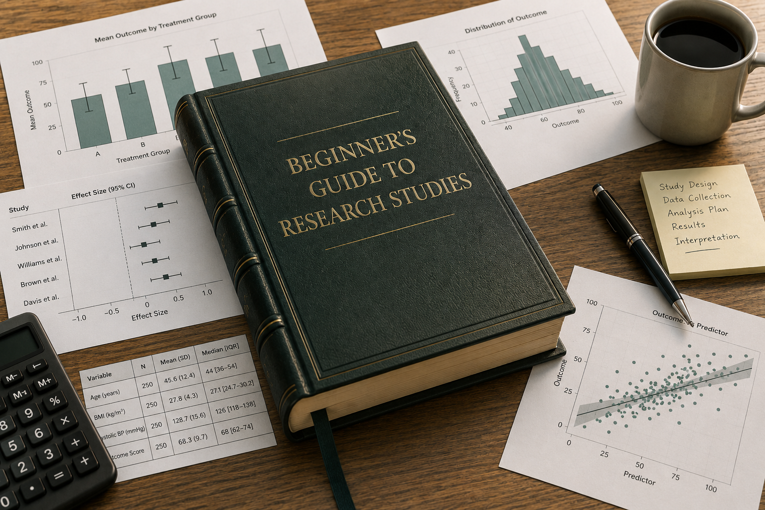 A leather-bound book titled “Beginner’s Guide to Research Studies” sits on a wooden desk surrounded by printed statistical graphs, charts, tables, a calculator, a pen, and research notes.