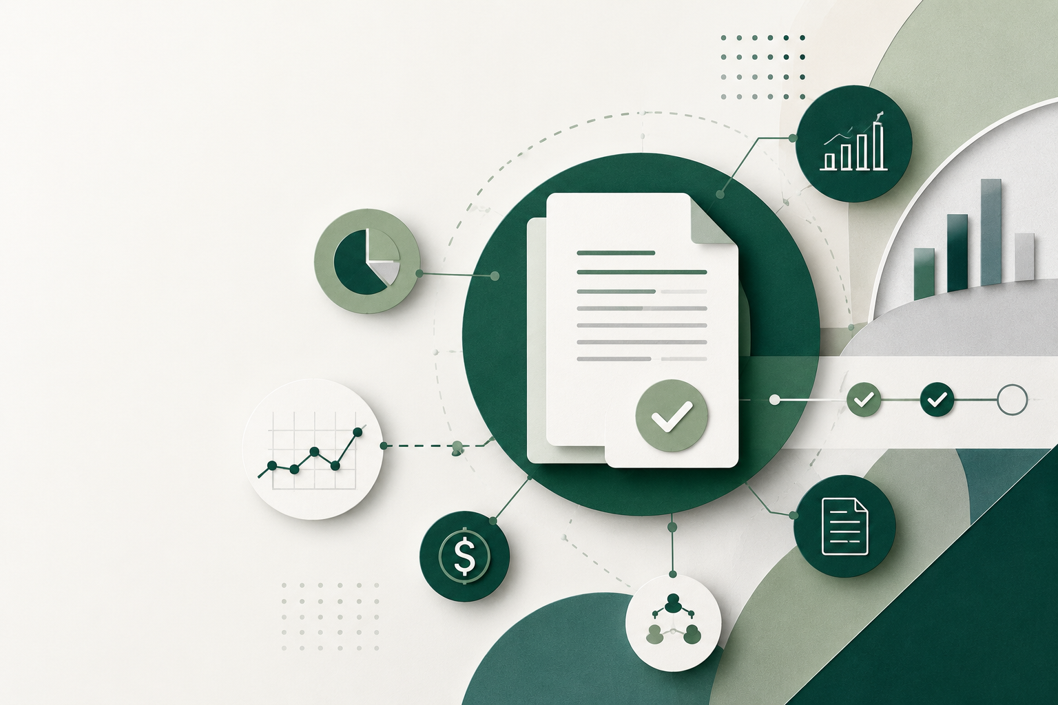 Abstract illustration of approved grant documents connected to budget, timeline, collaboration, and statistical analysis icons.