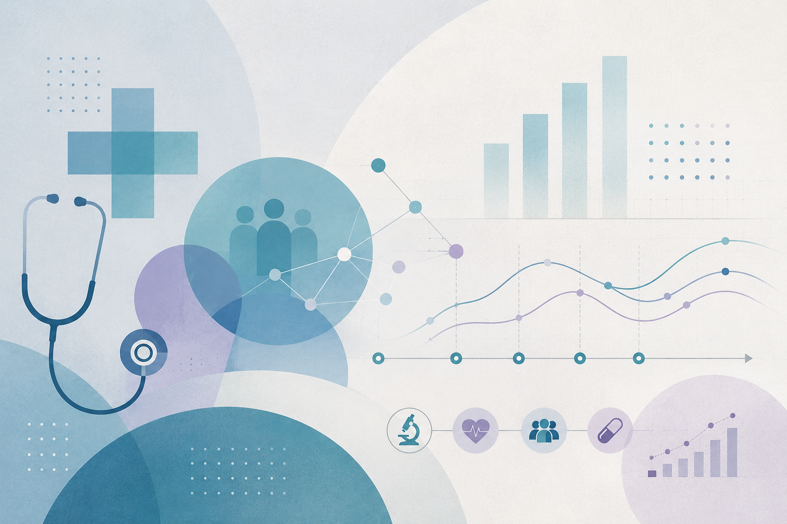 Abstract healthcare research illustration with a stethoscope, clinical cross, patient data nodes, statistical charts, timeline markers, and soft blue and teal geometric shapes.