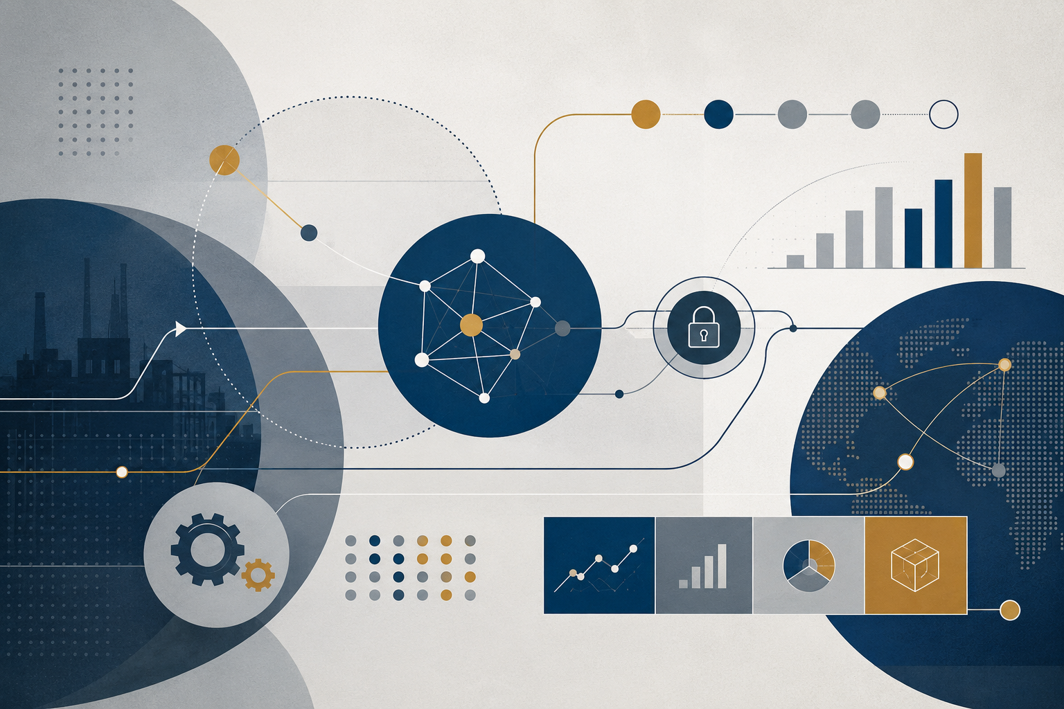 Abstract illustration of private-sector research partnerships with secure data pathways, network nodes, statistical charts, project timeline elements, and applied research symbols.