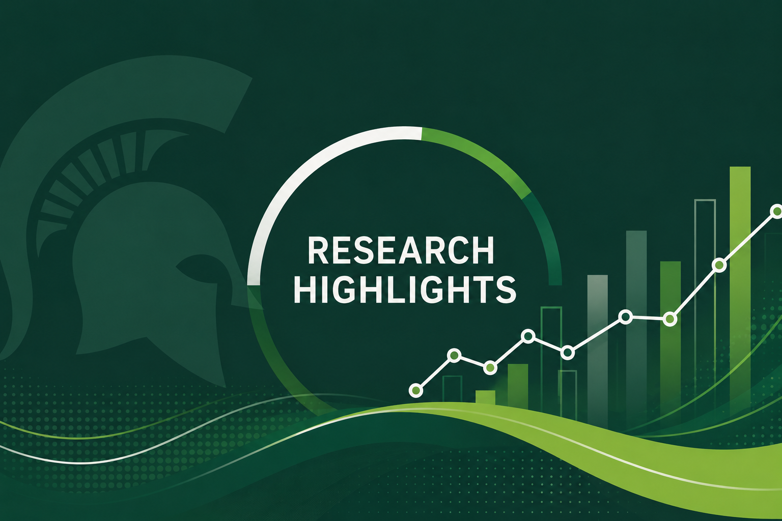 An abstract MSU-green graphic with the text “Research Highlights,” layered data visualizations, bar charts, a line graph, circular progress elements, and a subtle Spartan helmet silhouette.