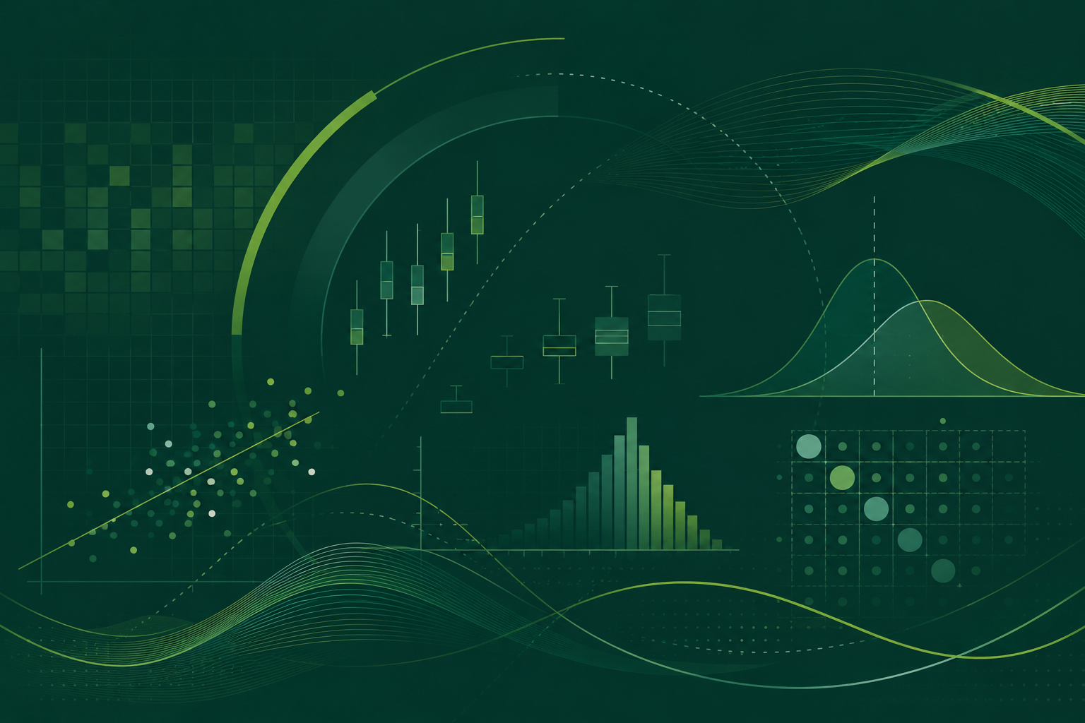 An abstract MSU-green data visualization graphic with scatter plots, box plots, distribution curves, histograms, and layered statistical trend lines on a dark green background.