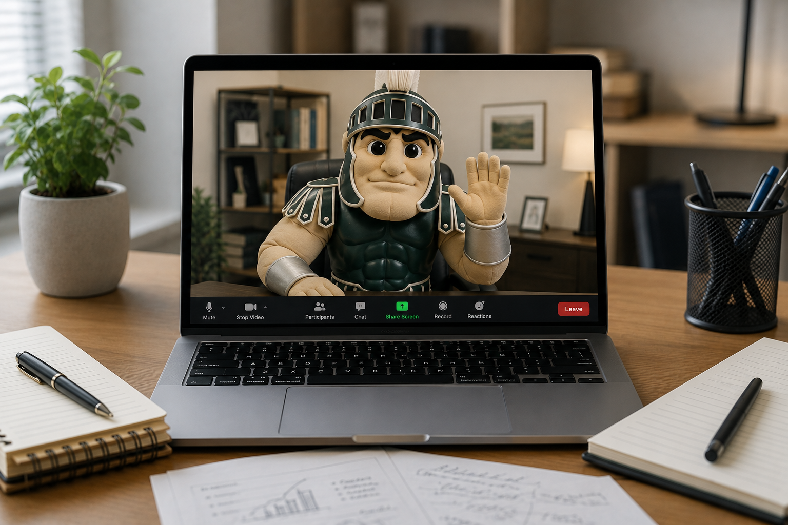 A laptop on a desk showing a virtual video call with a Sparty waving from an office setting, surrounded by notebooks, papers, pens, and a potted plant.