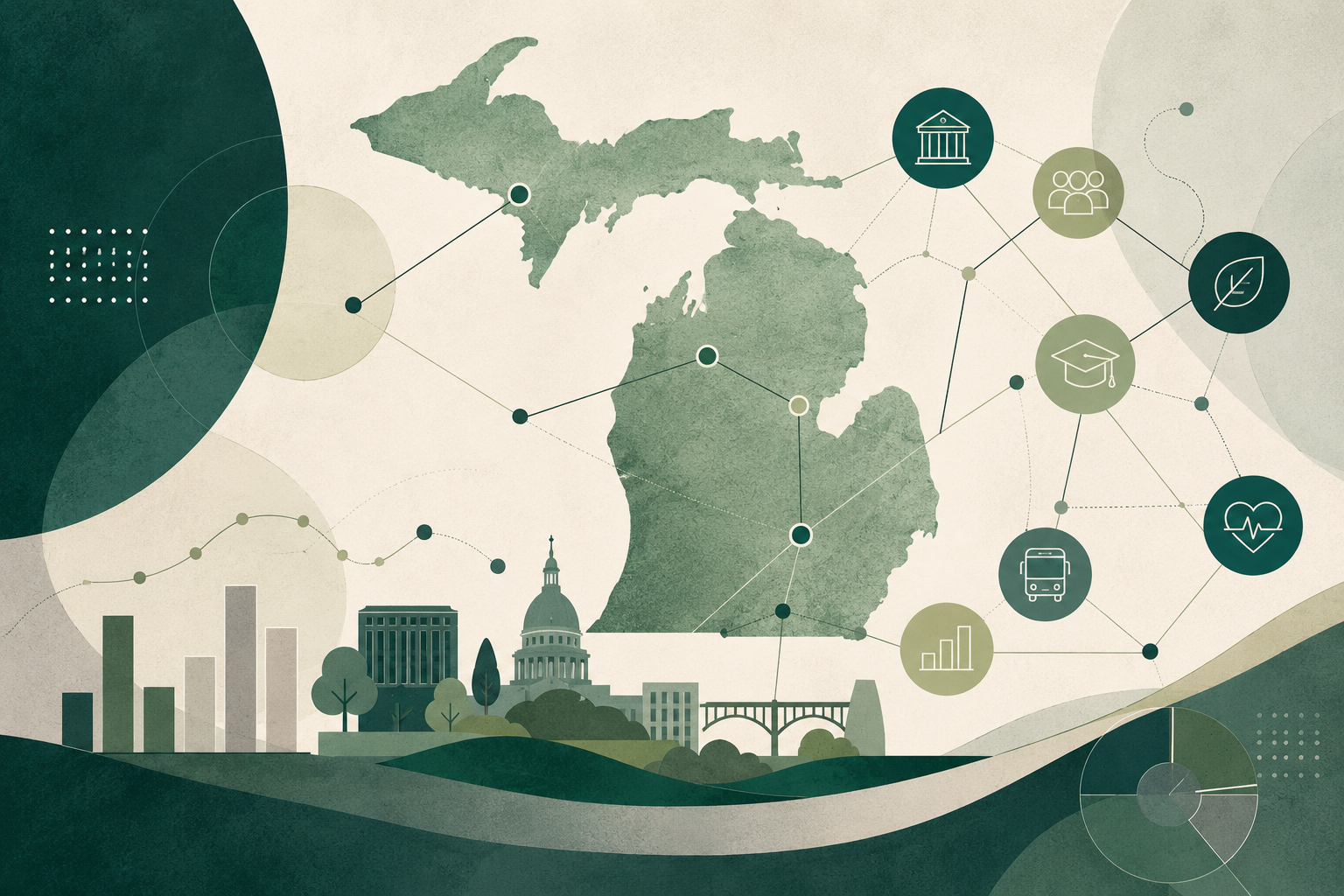 Abstract green editorial illustration of Michigan state research partnerships with a Michigan map, connected public service icons, civic buildings, statistical charts, and network lines.